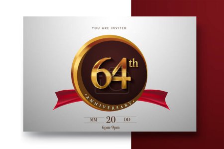 Ilustración de Logo del 64º aniversario con anillo de oro y cinta roja aislados en un fondo elegante, diseño de invitación de cumpleaños y tarjeta de felicitación - Imagen libre de derechos