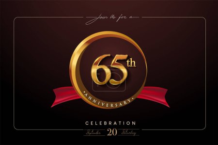 Ilustración de Logo del 65 aniversario con anillo de oro y cinta roja aislados en un fondo elegante, diseño de invitación de cumpleaños y tarjeta de felicitación - Imagen libre de derechos