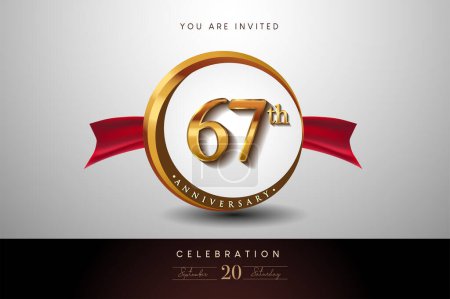Téléchargez les illustrations : Logo du 67e anniversaire avec anneau d'or et ruban rouge isolés sur fond élégant, conception d'invitation d'anniversaire et carte de vœux - en licence libre de droit