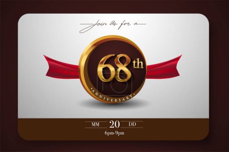 Téléchargez les illustrations : Logo du 68e anniversaire avec anneau d'or et ruban rouge isolés sur un fond élégant, conception d'invitation d'anniversaire et carte de vœux - en licence libre de droit