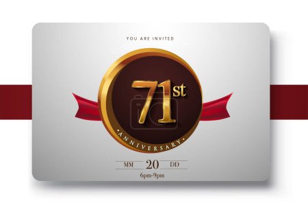 Téléchargez les illustrations : Logo du 71e anniversaire avec anneau d'or et ruban rouge isolés sur fond élégant, conception d'invitation d'anniversaire et carte de vœux - en licence libre de droit