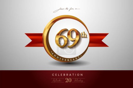 Téléchargez les illustrations : Logo du 69e anniversaire avec anneau d'or et ruban rouge isolés sur fond élégant, conception d'invitation d'anniversaire et carte de vœux - en licence libre de droit