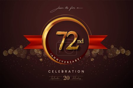 Téléchargez les illustrations : Logo du 72ème anniversaire avec anneau d'or et ruban rouge isolés sur fond élégant, conception d'invitation d'anniversaire et carte de vœux - en licence libre de droit