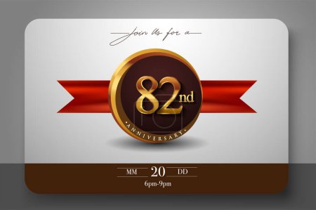 Illustration for 82nd Anniversary Logo With Golden Ring And Red Ribbon Isolated on Elegant Background, Birthday Invitation Design And Greeting Card - Royalty Free Image
