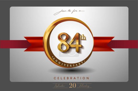 Ilustración de Logotipo del aniversario 84th con el anillo de oro y la cinta roja aislados en fondo elegante, diseño de la invitación del cumpleaños y tarjeta de felicitación - Imagen libre de derechos