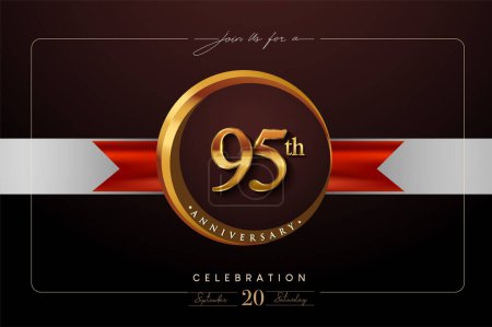 Téléchargez les illustrations : 95e anniversaire logo avec anneau d'or et ruban rouge isolé sur fond élégant, conception d'invitation d'anniversaire et carte de vœux - en licence libre de droit