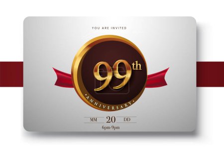 Illustration for 99th Anniversary Logo With Golden Ring And Red Ribbon Isolated on Elegant Background, Birthday Invitation Design And Greeting Card - Royalty Free Image