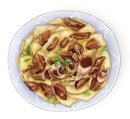 Beshbarmak national Kazakh dish, food illustration colorful