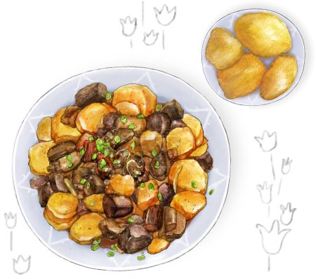 Quyrdaq and Baursak national Kazakh dish, food illustration colorful