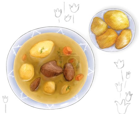 Sorpa and Baursak national Kazakh dish, food illustration colorful
