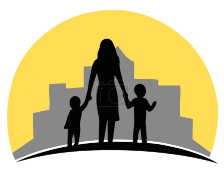 Téléchargez les photos : Mère avec des enfants en ville, vecteur silhouette - en image libre de droit