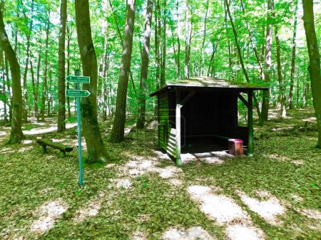 Shelter for hikers in the UckermarkShelter for hikers with signposts and inscription Gleuen see - Hertha lakes circular route