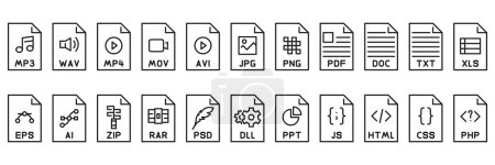 Téléchargez les illustrations : File format outline icon set. Document file. Vector illustration - en licence libre de droit