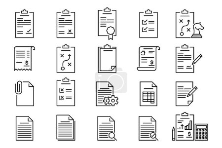 Ilustración de Set of outline notepads and clipboards vector icons. Documents, paperwork and office work illustration - Imagen libre de derechos
