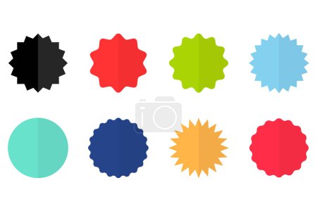 Ilustración de Color precio pegatinas colección, venta o descuento iconos de la etiqueta engomada, insignias sunburst vector icono plano - Imagen libre de derechos