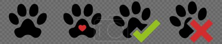 Téléchargez les illustrations : Patte animaux de compagnie ensemble icônes. Coeur et patte animal imprimer chien chat icône. Pas de signe pour chien et chat et avec coche verte. Illustration vectorielle - en licence libre de droit