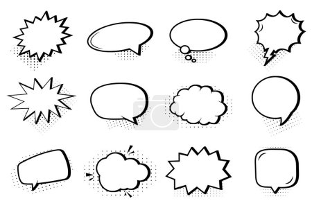Ilustración de Conjunto de nubes de voz de burbuja cómica con sombras de medio tono. Pegatinas de dibujos animados retro arte pop. Ilustración vectorial - Imagen libre de derechos