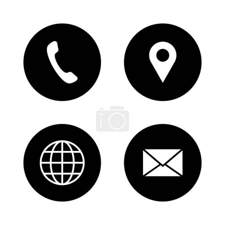Ilustración de Iconos de contacto y comunicación. Conecta iconos. Contacta con nosotros. Teléfono de llamada, Pin de mapa, Internet, Mensaje de correo. Ilustración vectorial - Imagen libre de derechos