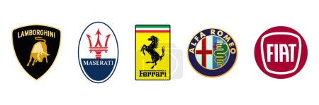 Vinnytsia, Ukraine - May 2, 2023. Italian car brands. Popular car logos. Lamborghini, Maserati, Ferrari, Alfa Romeo, Fiat. Vector editorial icons 