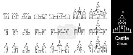 Téléchargez les illustrations : Château médiéval Set icônes. Icône Castle Tower Line. Illustration vectorielle - en licence libre de droit