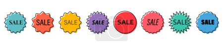 Ilustración de Precio pegatina colección, venta o descuento iconos de la etiqueta engomada, insignias sunburst vector icono plano - Imagen libre de derechos