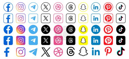 Téléchargez les illustrations : Ensemble d'icônes de médias sociaux et d'applications numériques isolées sur fond blanc - en licence libre de droit