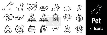 Pet Web Icons. Haustierarten. Hund, Katze, Fisch, Welpe, Schildkröte, Hamster, Papagei. Vektor in Linien-Stil-Symbole