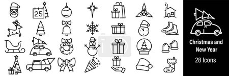 Téléchargez les illustrations : Joyeux Noël icônes Web. Nouvel An, Décoration, Arbre de Noël, Bonhomme de neige, Coffret cadeau. Vecteur dans les icônes de style ligne - en licence libre de droit