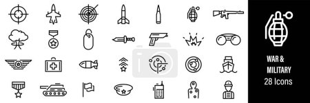 Téléchargez les illustrations : Icônes Web militaires. Guerre, Pistolet, Arme, Soldat, Tank. Vecteur dans les icônes de style ligne - en licence libre de droit