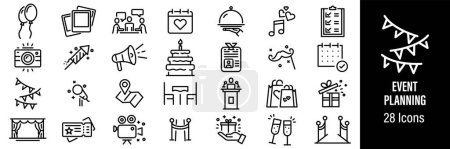 Event Planning Web Icons. Birthday Cake, Registration, Decoration, Entertainment, Celebration. Vector in Line Style Icons