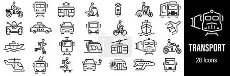 Illustration for Transport Web Icons. Public Transport, Train, Metro, Extreme Transport, Bike. Vector in Line Style Icons - Royalty Free Image