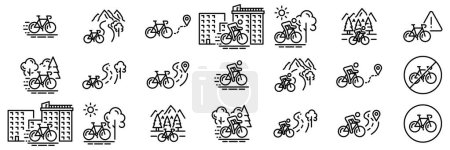Téléchargez les illustrations : Icônes Web de vélo. Voyage, Nature, Ville, Tour, Vélo. Vecteur dans les icônes de style ligne - en licence libre de droit
