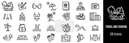Ilustración de Iconos web de viajes. Excursionismo Camping, Naturaleza Silvestre, Caza, Tienda de campaña, Viaje por carretera. Vector en línea iconos de estilo - Imagen libre de derechos