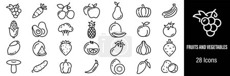 Téléchargez les illustrations : Fruits, légumes et baies icônes Web. Bouquet de raisins, fraises, pastèque, pommes de terre, cerise. Vecteur dans les icônes de style ligne - en licence libre de droit