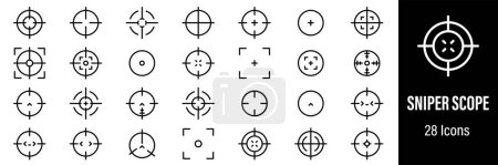 Ilustración de Sniper Aim Web Iconos. Cruce de francotirador, Objetivo de francotirador, Alcance de francotirador militar, Óptica, Ojo de toro. Vector en línea iconos de estilo - Imagen libre de derechos