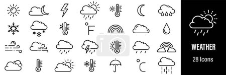 Iconos Web del tiempo. Soleado, nublado, lluvioso, nevado, temperatura. Vector en línea iconos de estilo