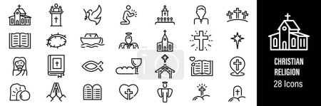 Illustration for Christian Religion Web Icons. Jesus Christ, Holy Bible, Angel, Noah's Ark, Church. Vector in Line Style Icons - Royalty Free Image