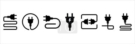 Téléchargez les illustrations : Electric power source socket icon set. Electricity wire cord sign. Electrical symbol element. Vector stock illustration. - en licence libre de droit
