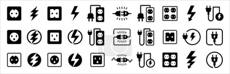 Illustration for Electric power plug icon set. Electricity wire cord socket sign. Electrical symbol element. Vector stock illustration. Thunder bolt lightning icons set. - Royalty Free Image