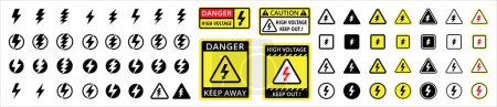 Illustration for High voltage sign. Lightning bolt icon set. Electric shock caution signs. Vector illustration. Danger of high voltage shock risk. - Royalty Free Image