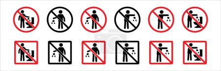 Illustration for Do not litter sign set. Do not littering icon. Littering forbidden signs. Round and square shape signage. Vector stock illustration. - Royalty Free Image