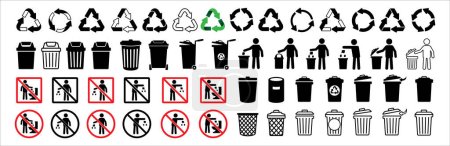 Téléchargez les illustrations : Trash bin icon set. Recycle icons collection. Do not litter in the toilet sign. Littering forbidden signage. Throw the rubbish in the bin sign. Vector sock illustration. - en licence libre de droit