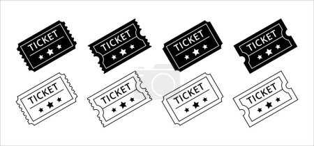 Ticket icon set. Movie theatre ticket with stub line icons. Raffle voucher coupon sign. Vector stock illustration. Flat outline design style in skewed view.