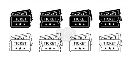 Ticket icon set. Movie theatre ticket with stub line icons. Raffle voucher coupon sign. Vector stock illustration. Flat outline design style in stack and skewed view.