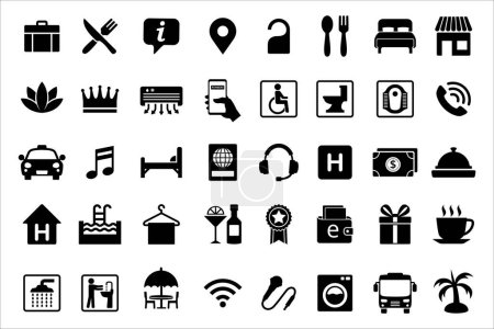 Illustration for Travel and tour icons set. Tourism vector icon collection. City hotel facility sign. Contains symbol of air conditioner, shower, music entertainment, payment method and more. - Royalty Free Image