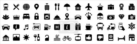 Illustration for Travel and tour icons set. Tourism vector icon collection. City hotel facility sign. Contains symbol of airport, airplane, mountain, bicycle, electric vehicle, crown, globe, passport, payment, harbor. - Royalty Free Image
