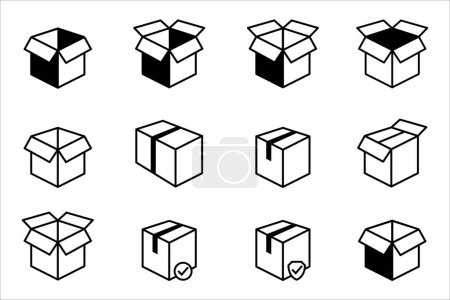 Illustration for Shipping box icon set. Empty open and close box for delivery packaging icons. Secured and check marked cardboard box vector stock illustration. - Royalty Free Image