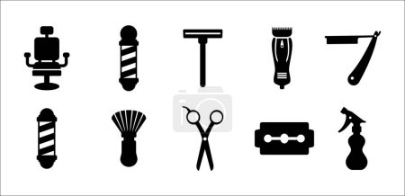 Illustration for Barbershop utensils icon set. Hair salon icons, Hairstylist vector icons set. Contain symbol of clipper, barber pole, comb, razor blade, sprayer, pomade, hair dryer, brush, and more. - Royalty Free Image