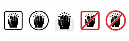 Forbidden hand clapping icons. No applaud signs. Keep silent, quiet, don't disturb signs and symbols. Vector stock illustration. Not allowed sign in round and square shape.