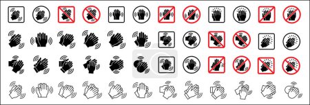 Hand clapping icon set. Forbidden hand clapping icons. No applaud signs. Hand applause symbol. Hands clap vector stock illustration in flat and outline design style. Symbol of don't disturb.